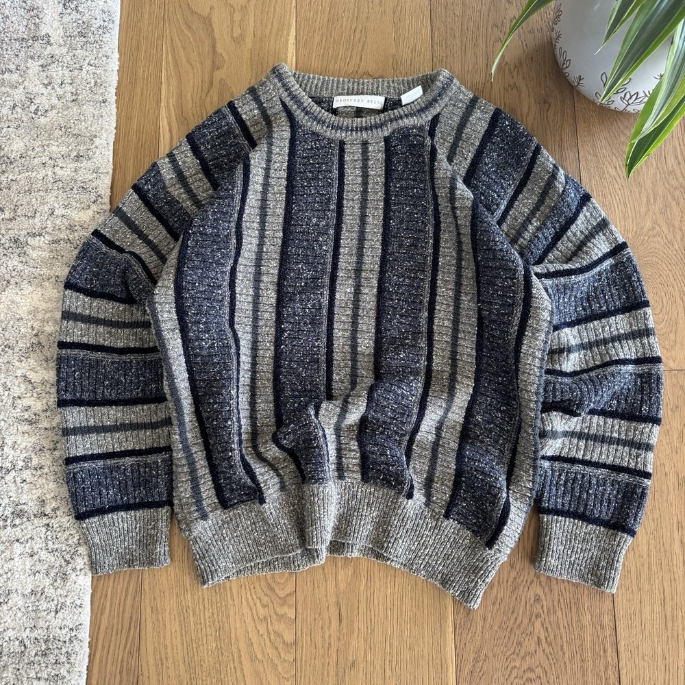 Vintage Geoffrey Beene Knit Sweater Men's Large Textured Striped Wool Grey Y2K